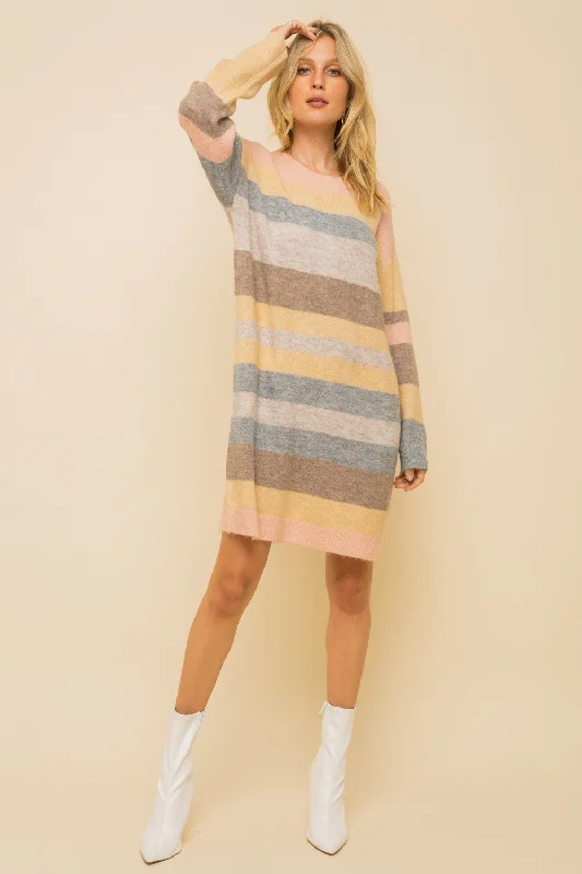 Pastel Stripe Sweater Dress Warm Sweater Dress