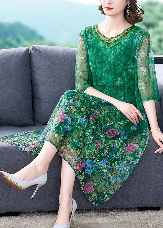 Beautiful Green Ruffled Print Tulle Dress Half Sleeve Sequin Tulle Dress