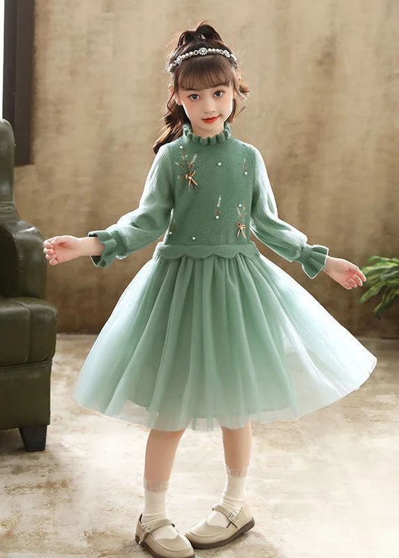 Boutique Green Embroideried Patchwork Tulle Baby Girls Dress Fall A-line Tulle Gown