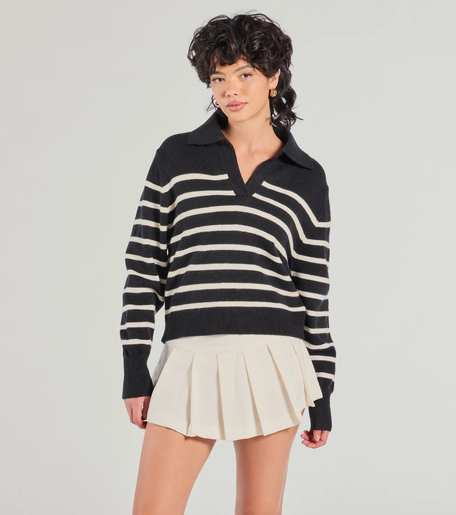 Stylish Stripes Collared Knit Sweater Cozy Winter Dress