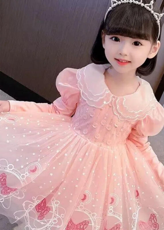 Style Pink Embroideried Patchwork Tulle Kids Long Dresses Long Sleeve Tulle Dress Simple