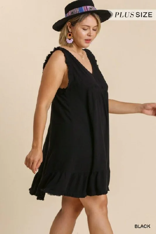 Frayed sleeveless linen blend dress in plus size Floral Plus Dress