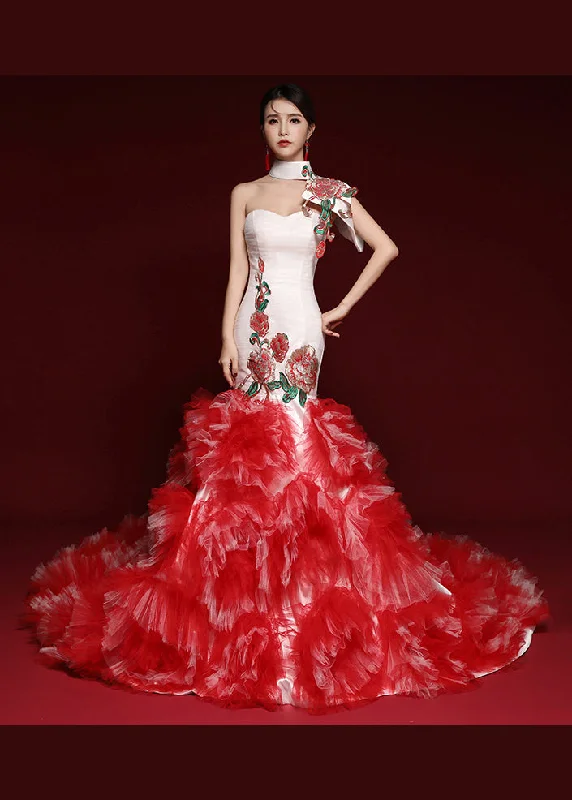 Boutique Red Embroidered Ruffled Tulle Bustier Dresses Sleeveless Tulle Party Gown