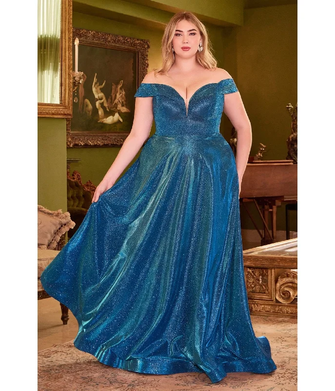 Cinderella Divine Plus Size Metallic Blue Off The Shoulder Bridesmaid Gown Plus Size Day