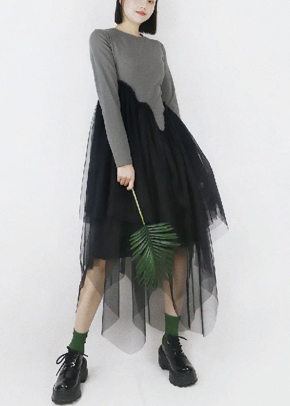 Diy Grey O-Neck Tulle Patchwork Asymmetrical Design Cotton Vacation Dresses Long Sleeve Tulle Dress Flow