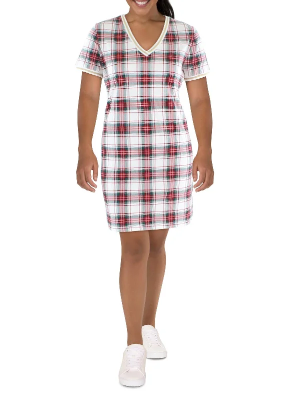 Womens Metallic Trim Plaid T-Shirt Dress Long Sleeve Shirt Dress