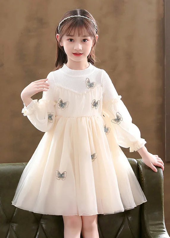 Apricot Patchwork Tulle Kids Girls Dresses Wrinkled Butterfly Fall Tulle Dress Ruffles