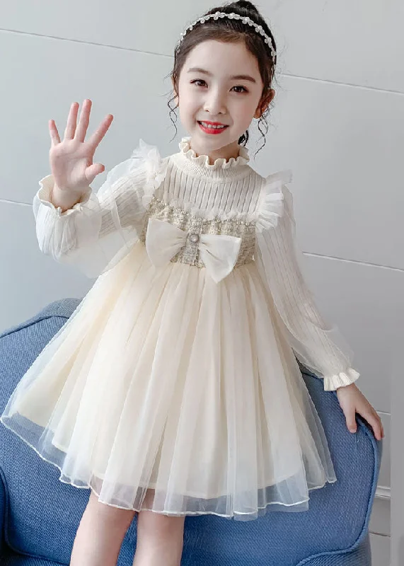 Apricot Nail bead Knit Patchwork Tulle Girls Long Dress Long Sleeve Tulle Dress Vibe