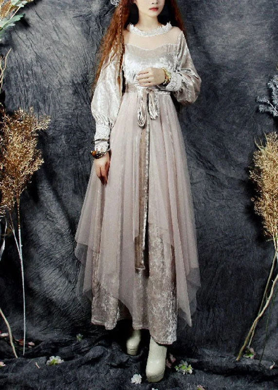 Beautiful Beige Hollow Out Tulle Patchwork Silk Velour Long Dresses Spring Lace Tulle Dress