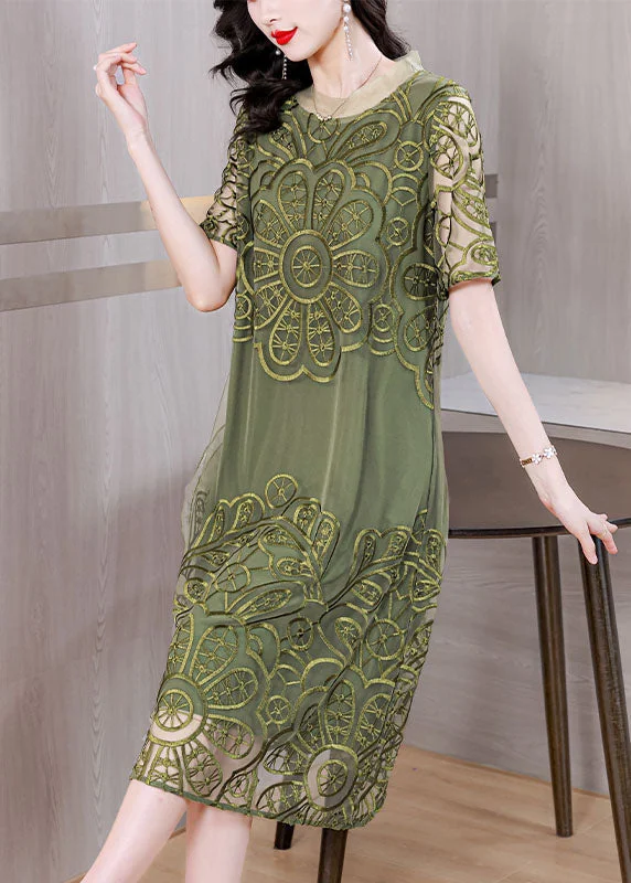 Elegant Green Embroidered Ruffled Tulle Long Dresses Short Sleeve Chic Tulle Dress