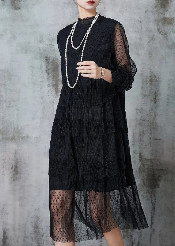 Style Black Dot Hollow Out Tulle Long Dresses Summer Tulle Dress Simple