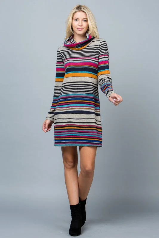 Colorful Striped Cowlneck Sweater Dress Loose Sweater Dress