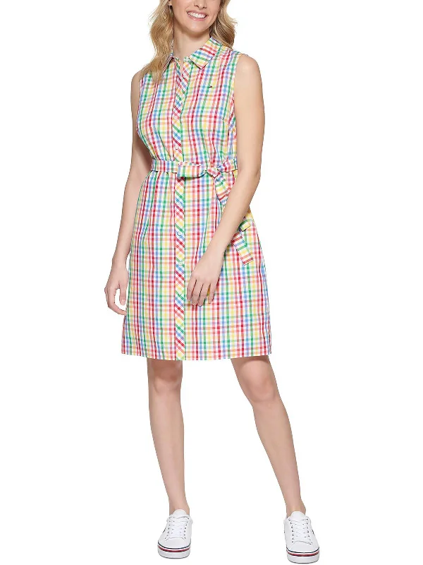 Womens Woven Plaid Shirtdress Pleated Shirt Gown