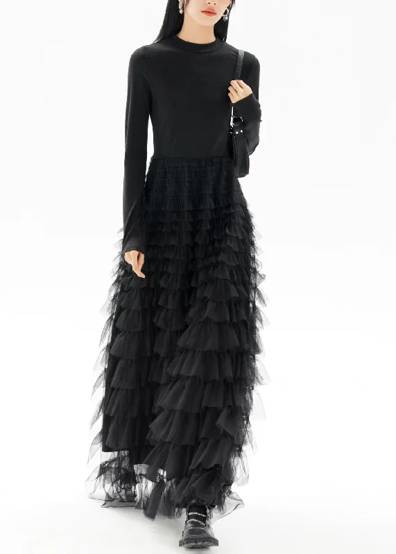 Fashion Black O-Neck Patchwork Tulle Long Dresses Fall Stylish Tulle Dress