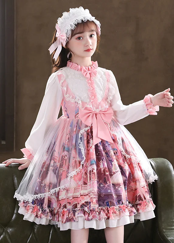 Lovely Pink Ruffled Print Bow Patchwork Tulle Kids Girls Dress Fall Tulle Dress Modern