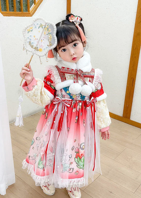 Lovely Steawberry Rabbit Print Patchwork Warm Fleece Kids Tulle Long Dress Long Sleeve Tiered Tulle Dress