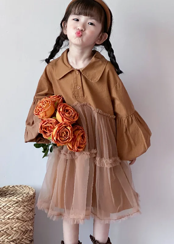 Boutique Caramel Peter Pan Collar Tulle Patchwork Cotton Baby Girls Dress Fall Ruffled Tulle Dress