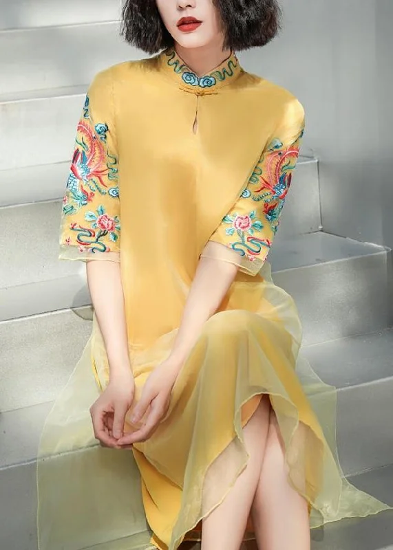 DIY Yellow Stand Collar Embroideried Button Tulle Silk Dress Long Sleeve Tulle Party Dress