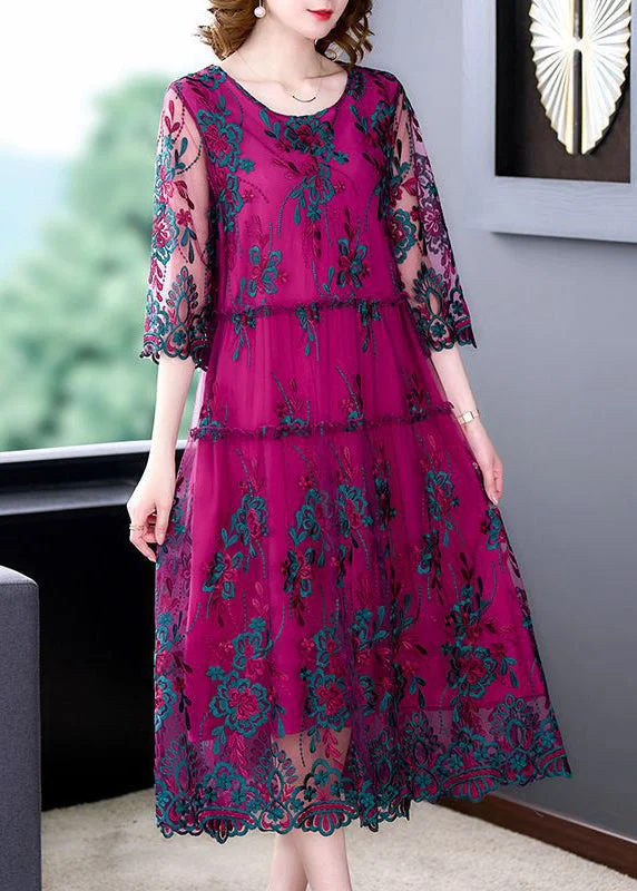 Italian Rose Embroideried Ruffled Patchwork Tulle Dress Half Sleeve Tulle Dress Outfit