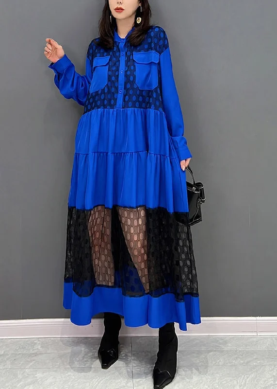 Vogue Blue O-Neck Dot Patchwork Wrinkled Tulle Maxi Dresses Fall Chic Tulle Dress