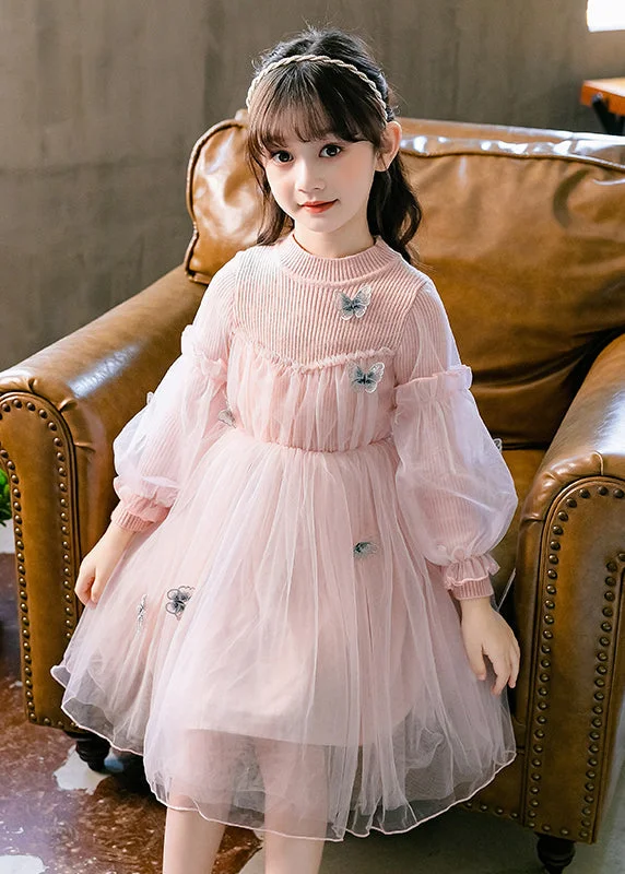 Cute Pink Ruffled Butterfly Patchwork Tulle Kids Girls Dresses Fall Tulle Maxi Dress