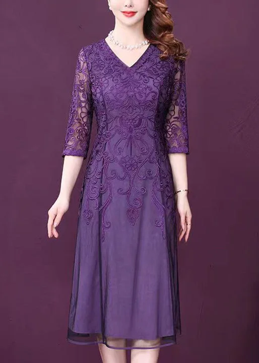 Elegant Purple V Neck Lace Patchwork Tulle Dresses Half Sleeve Romantic Tulle Dress