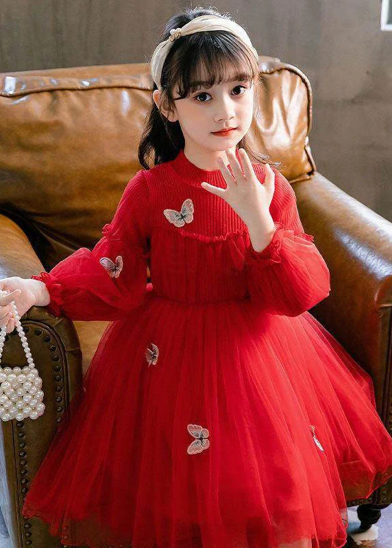 Style Red Butterfly Embroideried Knit Patchwork Tulle Kids Long Dresses Long Sleeve Stylish Tulle Dress