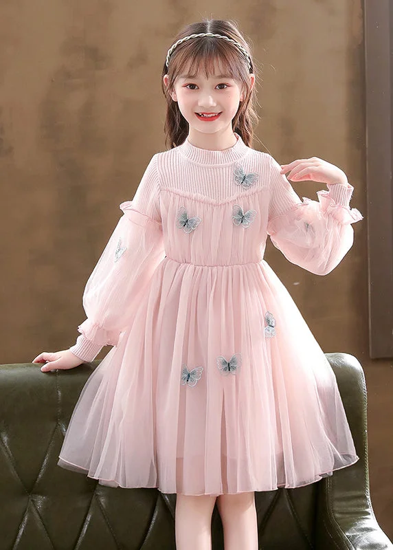 Stylish Pink Butterfly Patchwork Tulle Baby Girls Dress Fall Tulle Dress Fluffy