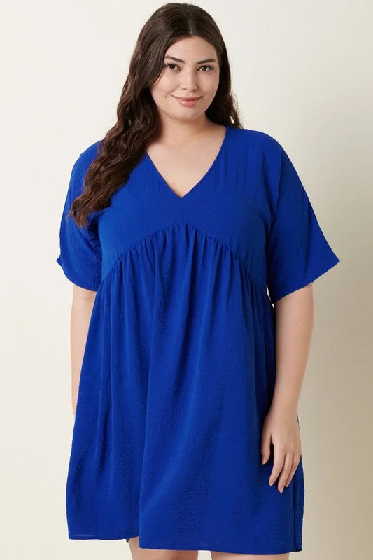 Plus Size Airflow Woven Fabric V-Neck Dress in Cobalt Floral Plus Dress