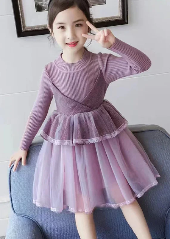 Boutique Purple O Neck Tulle Patchwork Knit Baby Girls Dress Fall Tulle Dress Perfect