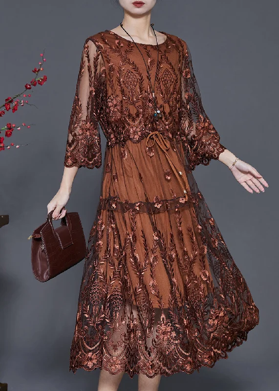 Brown Tulle Maxi Dresses Cinched Embroidered Summer Tulle Dress Glam