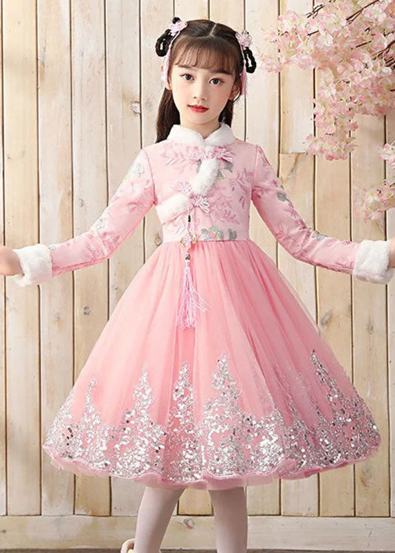 Boutique Pink Fur Collar Tulle Patchwork Warm Fleece Girls Maxi Dresses Winter Tulle Dress Sparkle