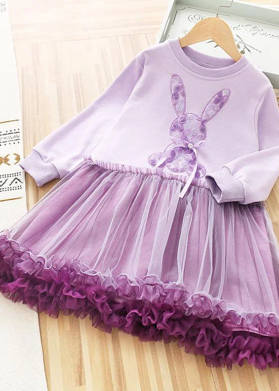 Art Purple O-Neck Rabbit Print Patchwork Tulle Kids Long Dress Fall Party Tulle Dress