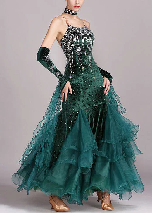 Chic Blackish Green Zircon Tulle Patchwork Spaghetti Strap Dress Sleeveless Tulle Dress Twirl