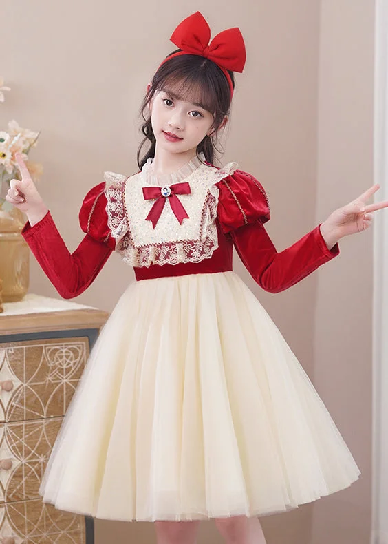 Stylish Red Ruffled Tulle Patchwork Warm Fleece Kids Girls Dress Winter Tulle Dress Party