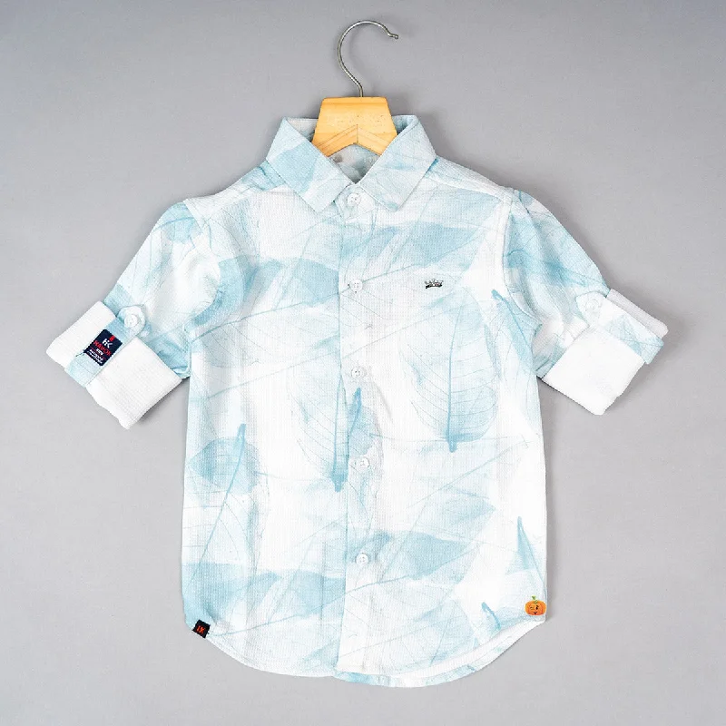 Sky Blue & Grey Leaf Print Boys Shirt Linen Shirt Dress