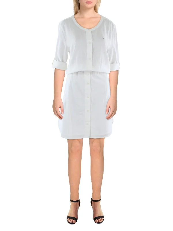 Womens Magnetic Closure Knee-Length Shirtdress Elegant Button Shirt