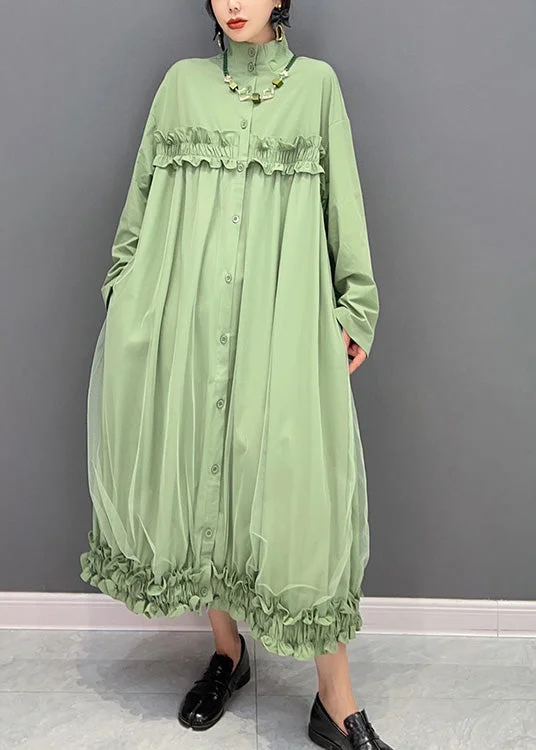 Elegant Green Stand Collar Ruffled Tulle Patchwork Button Maxi Dress Winter Pink Tulle Dress