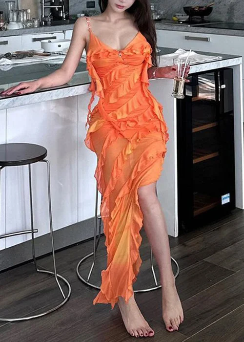 Sexy Orange Asymmetrical Ruffled Tulle Spaghetti Strap Dress Sleeveless Tulle Dress Soft