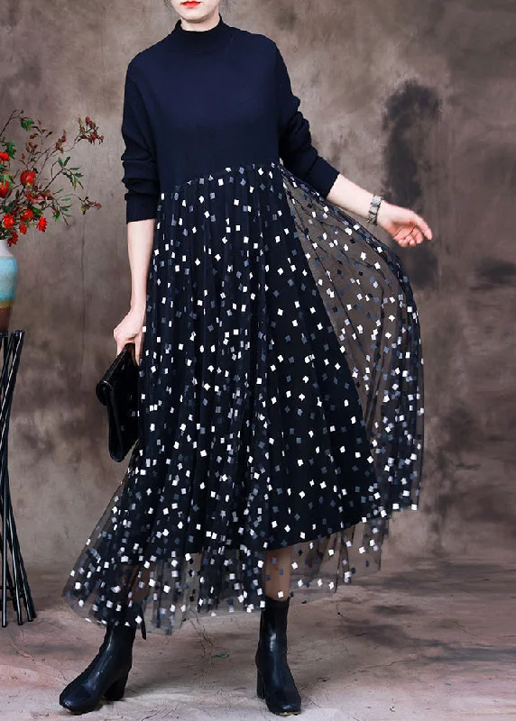 DIY Black O-Neck Knit Patchwork Tulle Maxi Dress Long Sleeve Short Tulle Dress