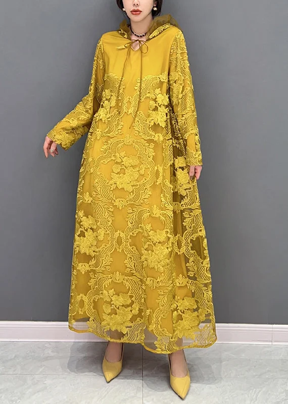 Chic Yellow Embroideried Neck Tie Tulle Maxi Dresses Long Sleeve Party Tulle Dress