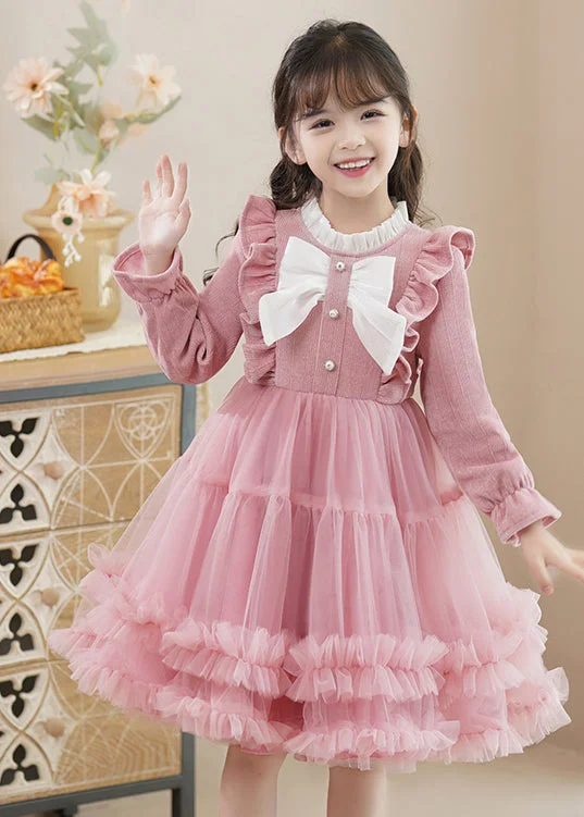 Pink Bow Patchwork Tulle Baby Girls Princess Dress Ruffled Fall Tulle Lace Gown