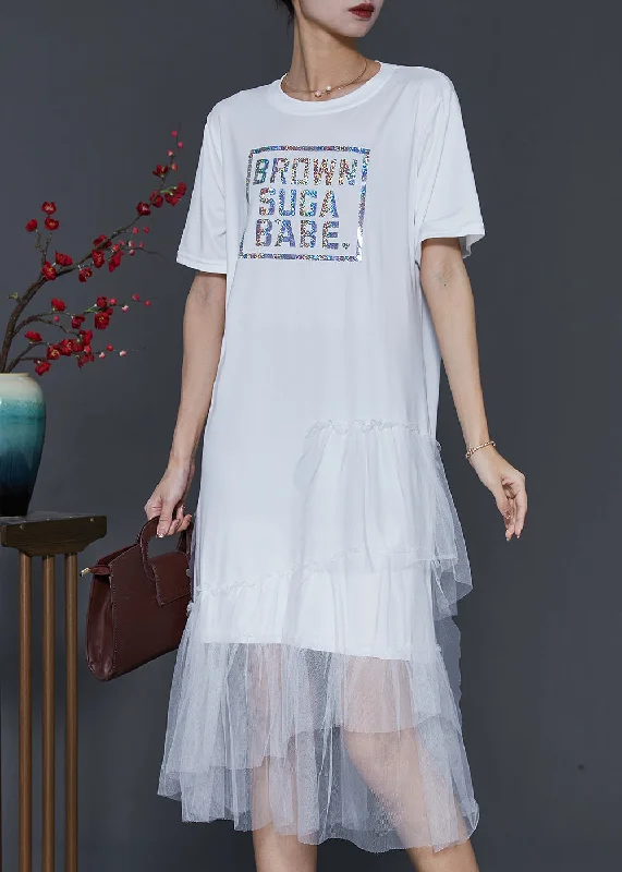 Natural White Tulle Patchwork Cotton Holiday Dress Summer Tulle Party Dress