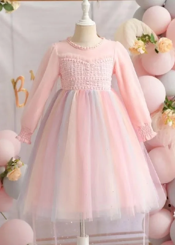 Cute Pink Ruffled Patchwork Tulle Baby Girls Dresses Fall Tulle Dress Fashion