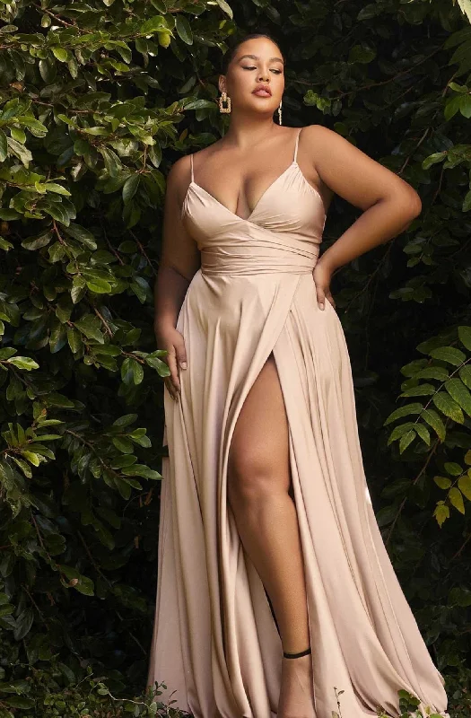 Cinderella Divine  Plus Size Nude Ruched Satin Mystique Prom Gown Comfortable Plus Dress
