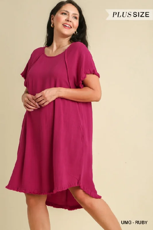 Plus size Umgee Linen Blend round neck dress with pockets Plus Size Cold-shoulder