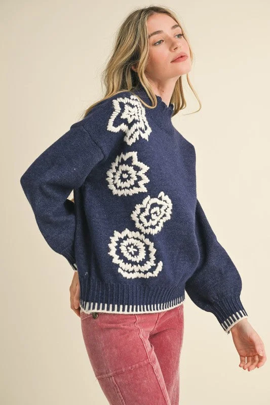 Flower Embroidered Mock Neck Sweater Cozy Knit Gown