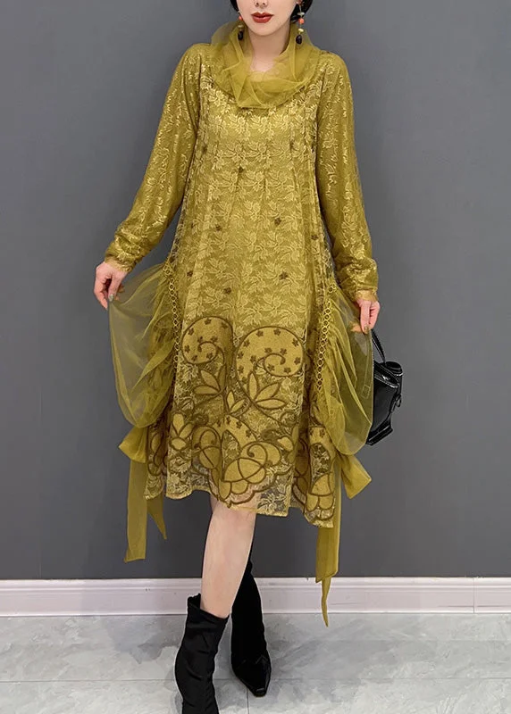 Chic Yellow Turtleneck Embroideried Tulle Holiday Dress Long Sleeve Tulle Dress Set