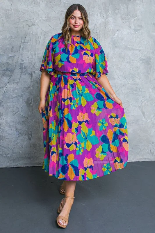 Flying Tomato Plus Size woven midi dress with pleated skirt Plus Size Blouson