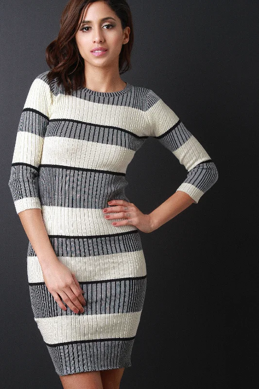 Ribbed Knit Striped Long Sleeve Sweater Dress Comfy Sweater Dress